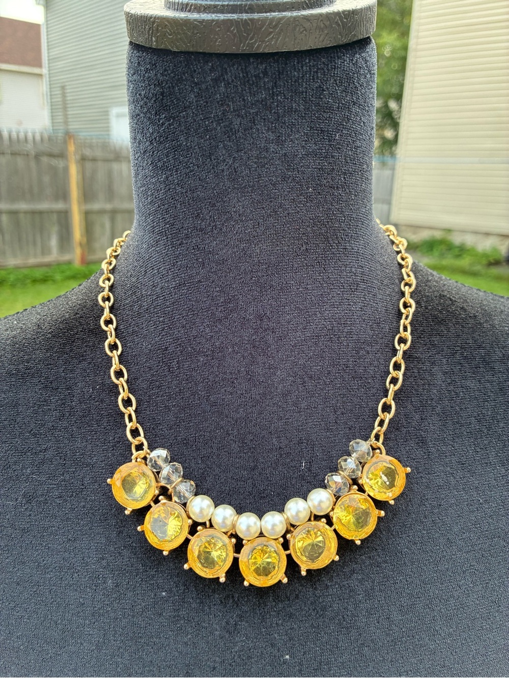 Gold-Tone Statement Necklace with Yellow Crystal Drops and Pearls